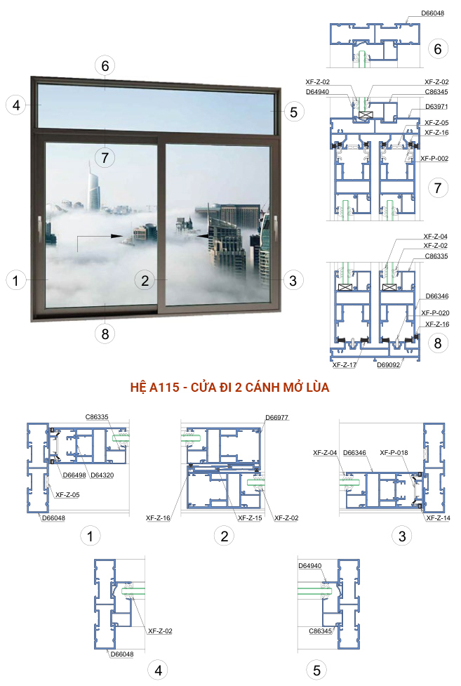 Nhôm Xingfa hệ Class A hệ A115 dùng cho cửa đi 2 cánh mở lùa