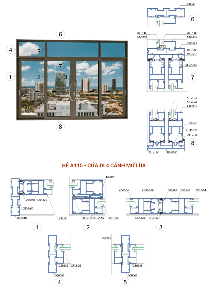 Nhôm Xingfa hệ Class A hệ A115 dùng cho cửa đi 4 cánh mở lùa