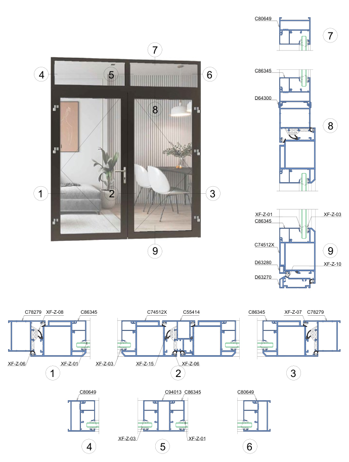 Nhôm Xingfa hệ Class A – hệ A65 dùng cho cửa đi 2 cánh mở quay