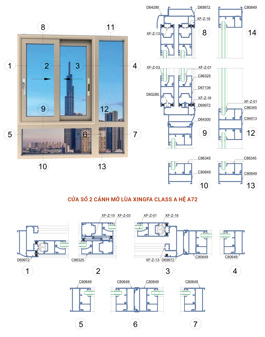 Cửa sổ 2 cánh mở lùa Xingfa Class A hệ A72