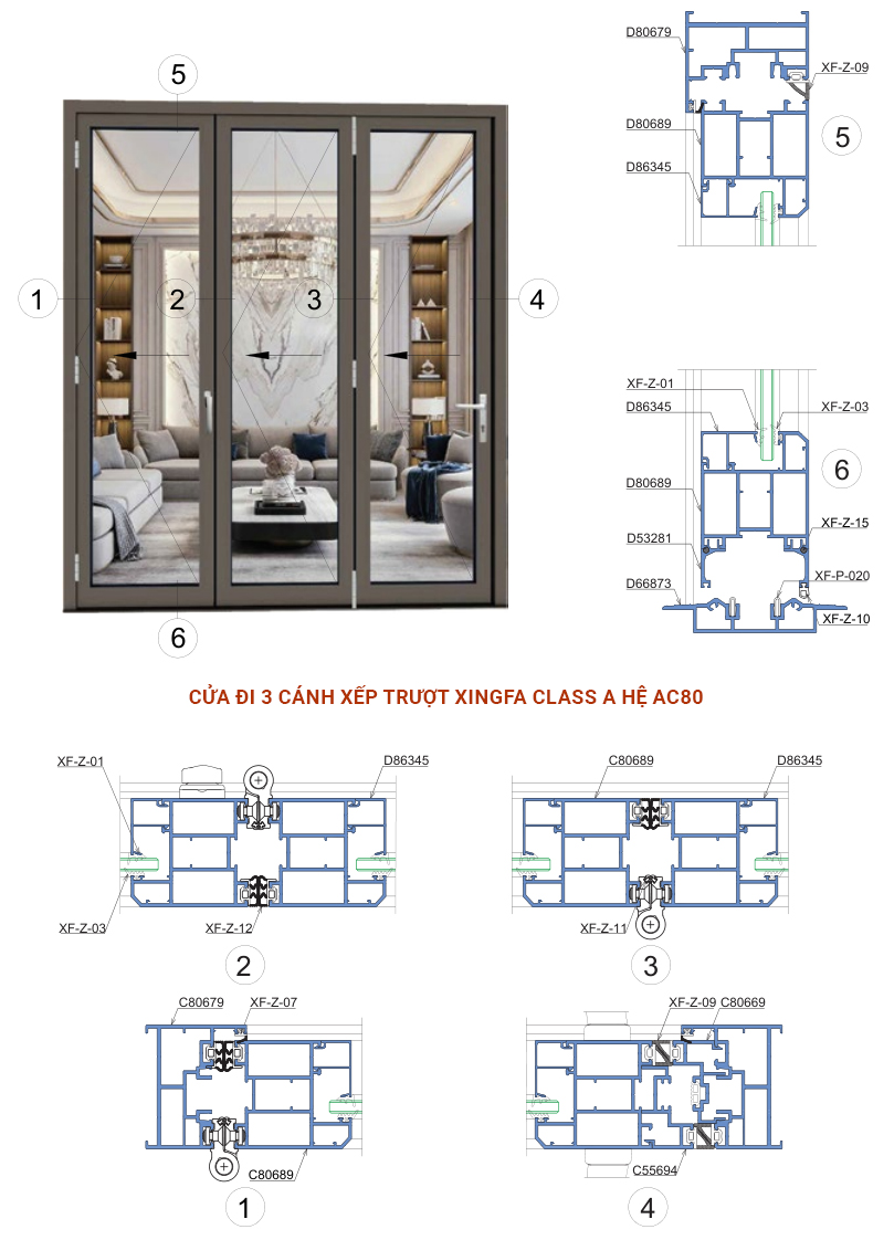 Nhôm Xingfa Class A hệ AC80 dùng cho Cửa đi 3 cánh xếp trượt