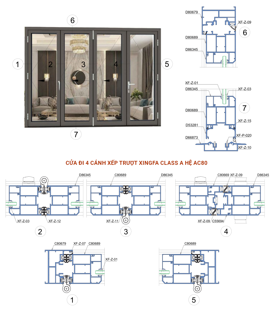 Nhôm Xingfa Class A hệ AC80 dùng cho Cửa đi 3 cánh xếp trượt